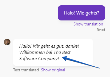 Translated message from the customer