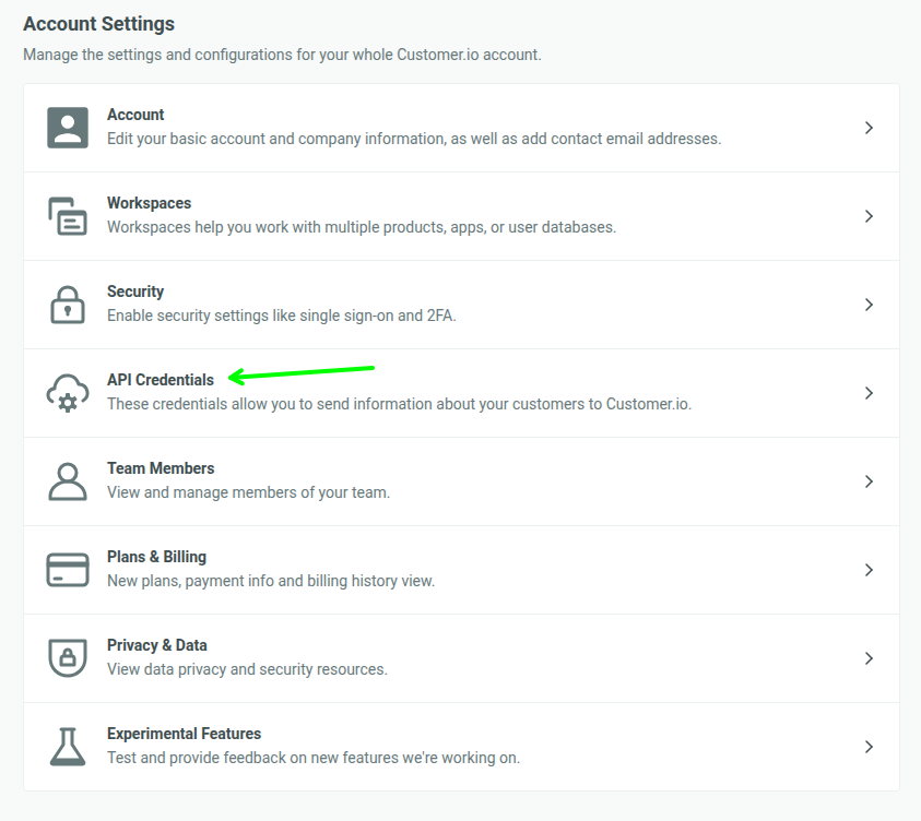 Customer.io Settings Menu