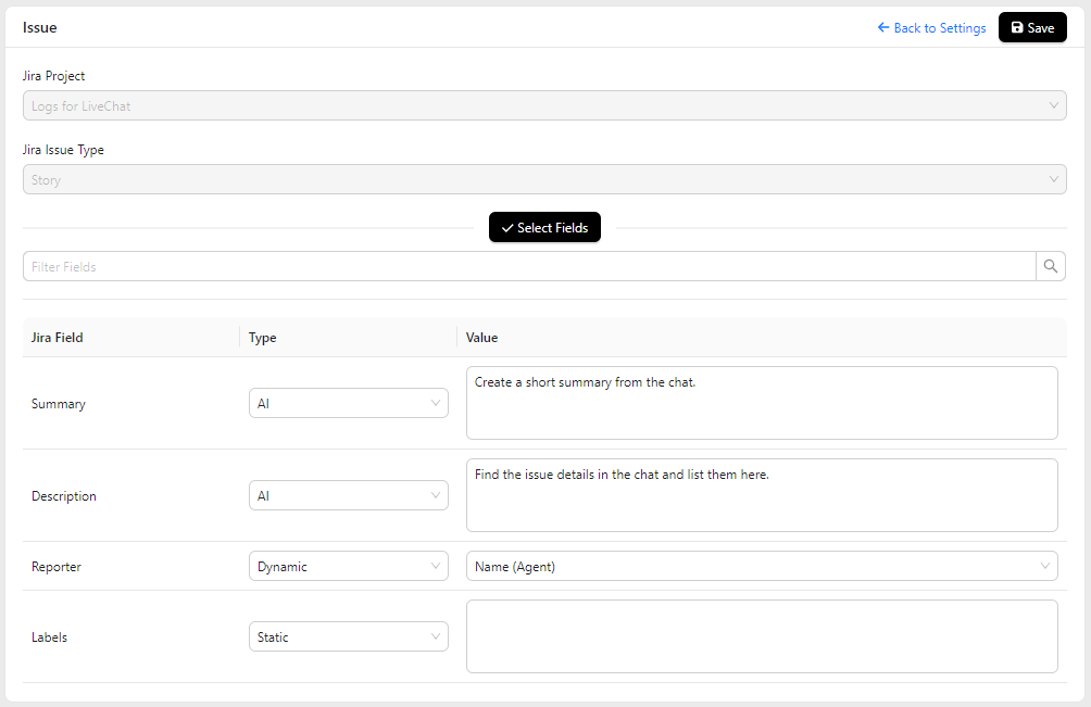 Choosing project and issue type