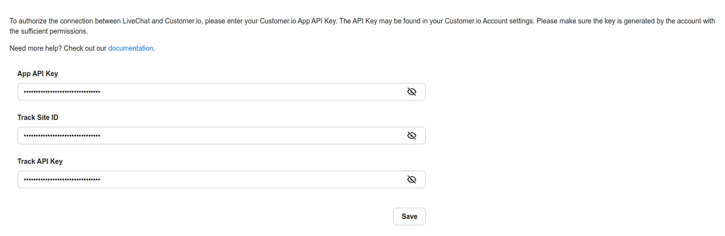 Customer.io LC settings section